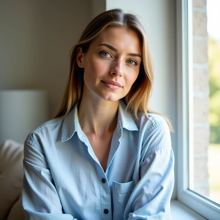 Mulher de camisa azul claro sentada perto de uma janela ensolarada
