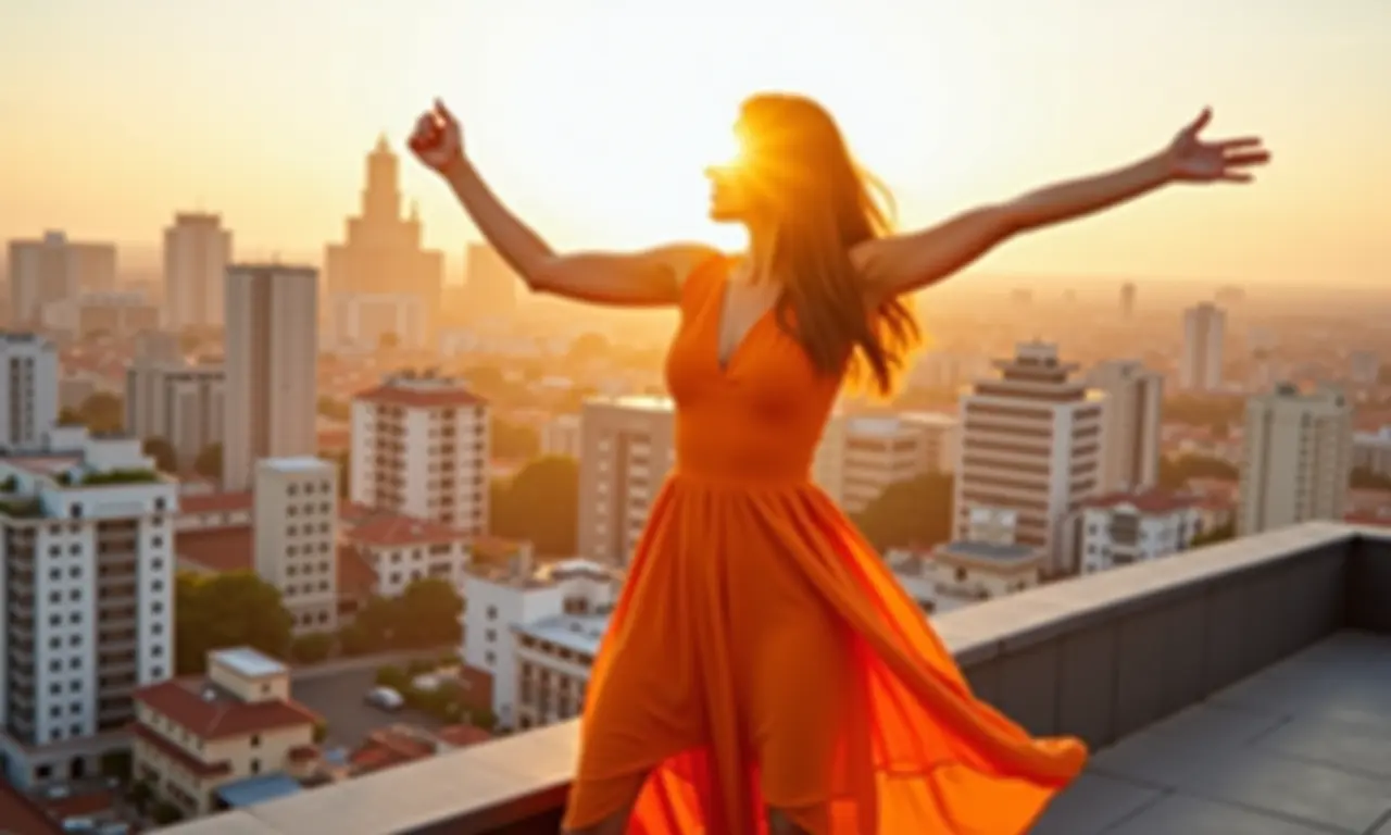 Mulher de laranja celebrando em um terraço com vista para a cidade, irradiando entusiasmo e otimismo.