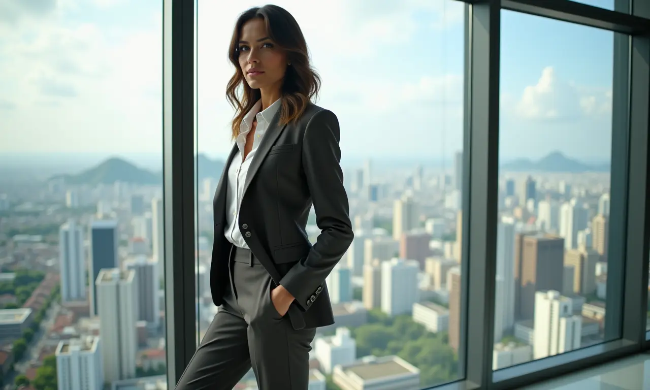 Mulher de negócios brasileira vestindo calça de alfaiataria clássica em escritório moderno.