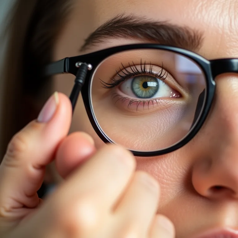 Mulher de óculos aplicando delineador fino