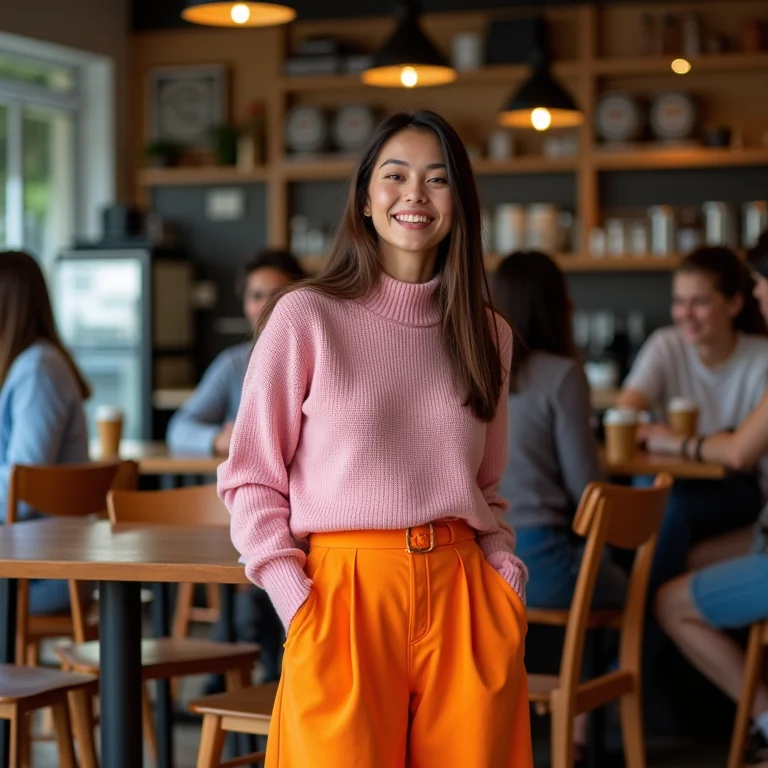 Mulher de pele clara usando saia laranja e suéter rosa em cafeteria