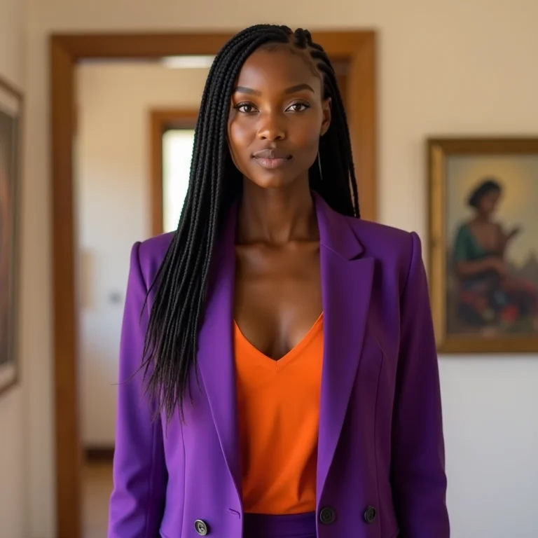 Mulher de pele escura usando blazer roxo e blusa laranja em galeria de arte