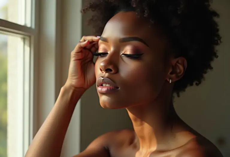 Mulher de pele parda maquiando os olhos com pálpebra caída.