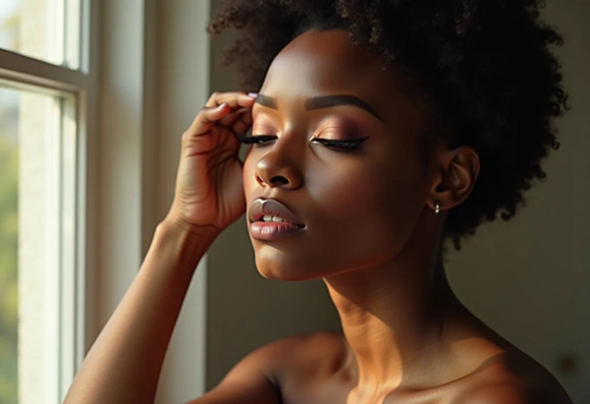 Mulher de pele parda maquiando os olhos com pálpebra caída.