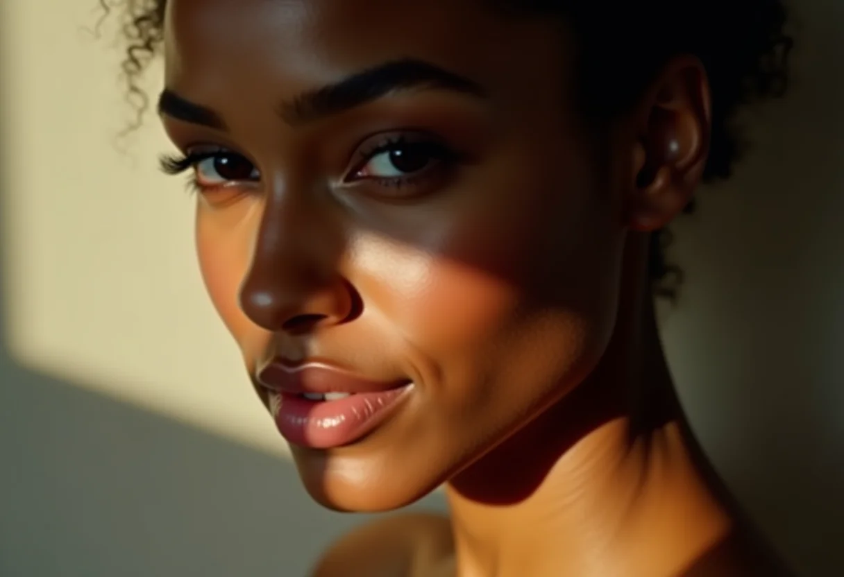 Mulher de pele radiante sob luz natural suave