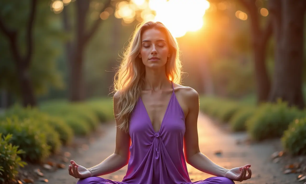 Mulher de roxo em retiro espiritual, representando intuição e transformação.
