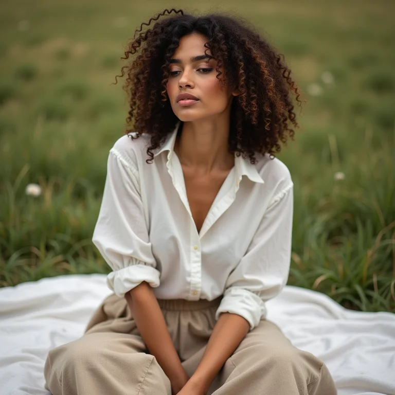 Mulher de saia de linho e blusa branca sentada em manta de piquenique