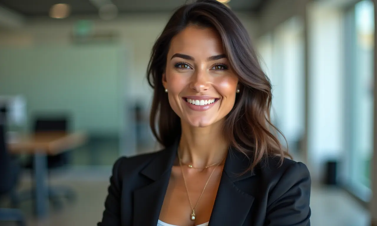Mulher de top faixa sob um blazer, visual de mulher de negócios confiante.