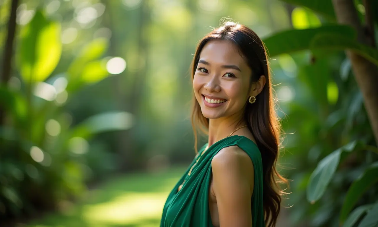 Mulher de verde no Jardim Botânico do Rio, representando esperança e saúde.