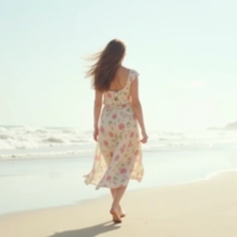 Mulher de vestido floral leve caminhando na praia