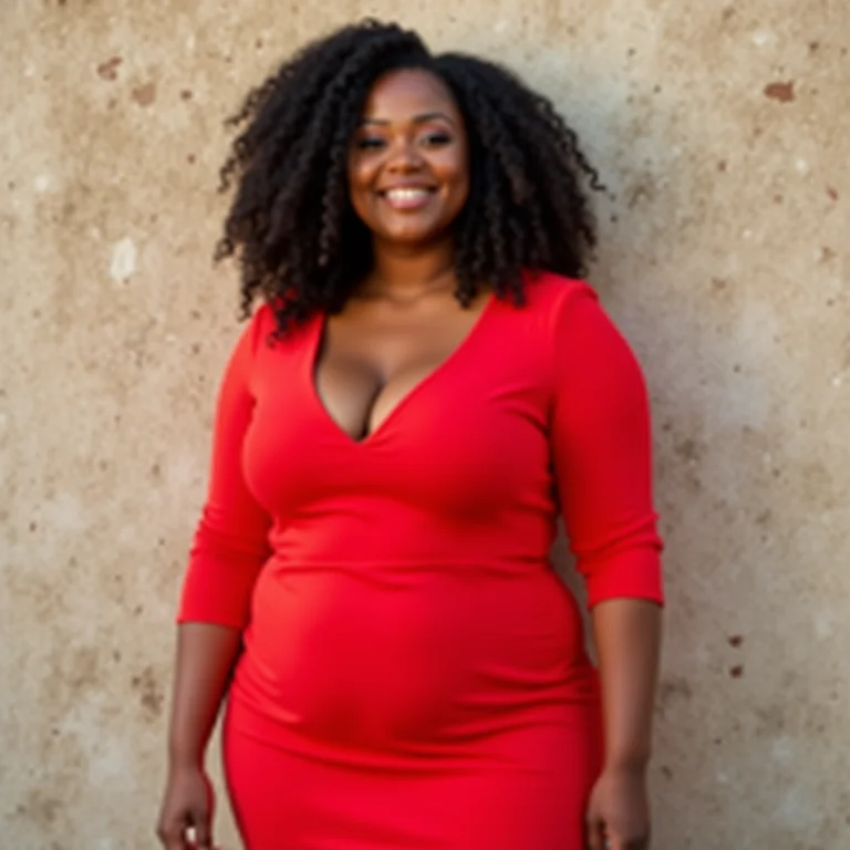 Mulher de vestido vermelho vibrante irradiando confiança