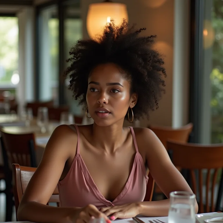 Mulher desconfortável sentada em cadeira inadequada na sala de jantar