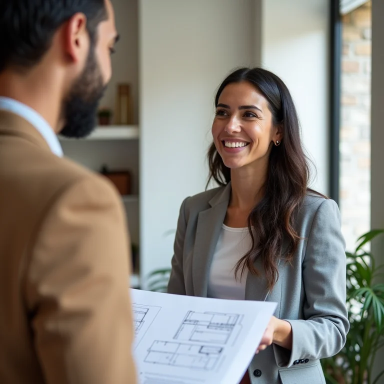 Mulher discutindo o projeto da cozinha com um arquiteto.