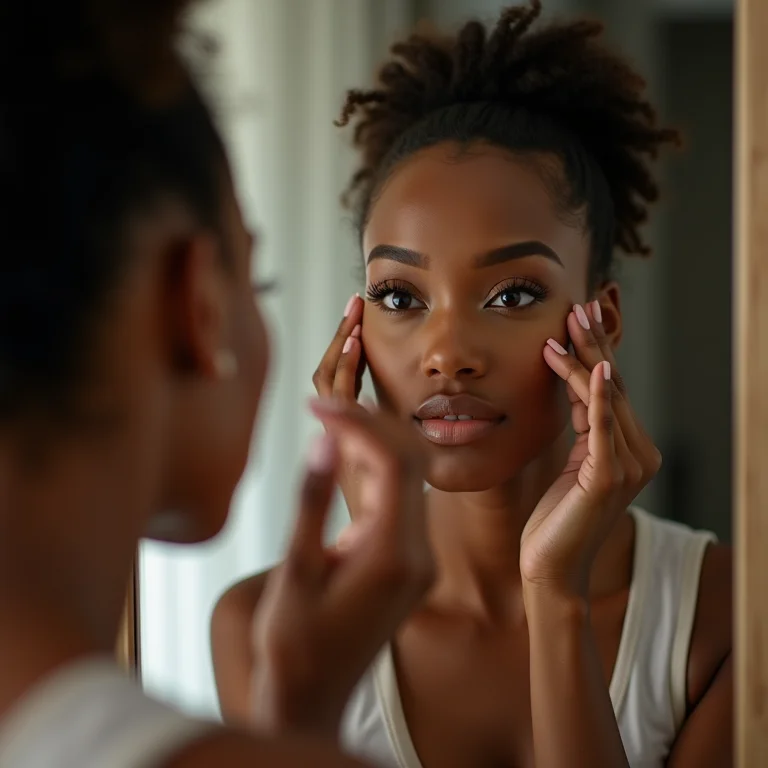 Mulher diversa aplicando maquiagem.