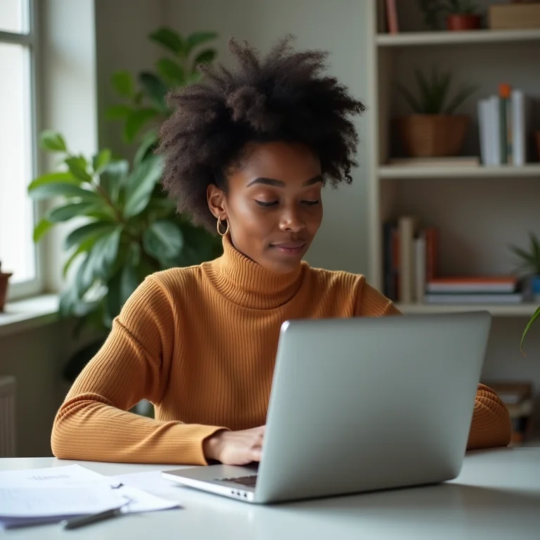 Mulher diversa escrevendo email para marcas.