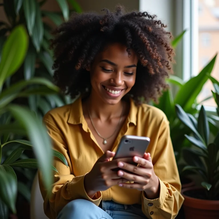 Mulher diversa usando celular com aplicativos de redes sociais.