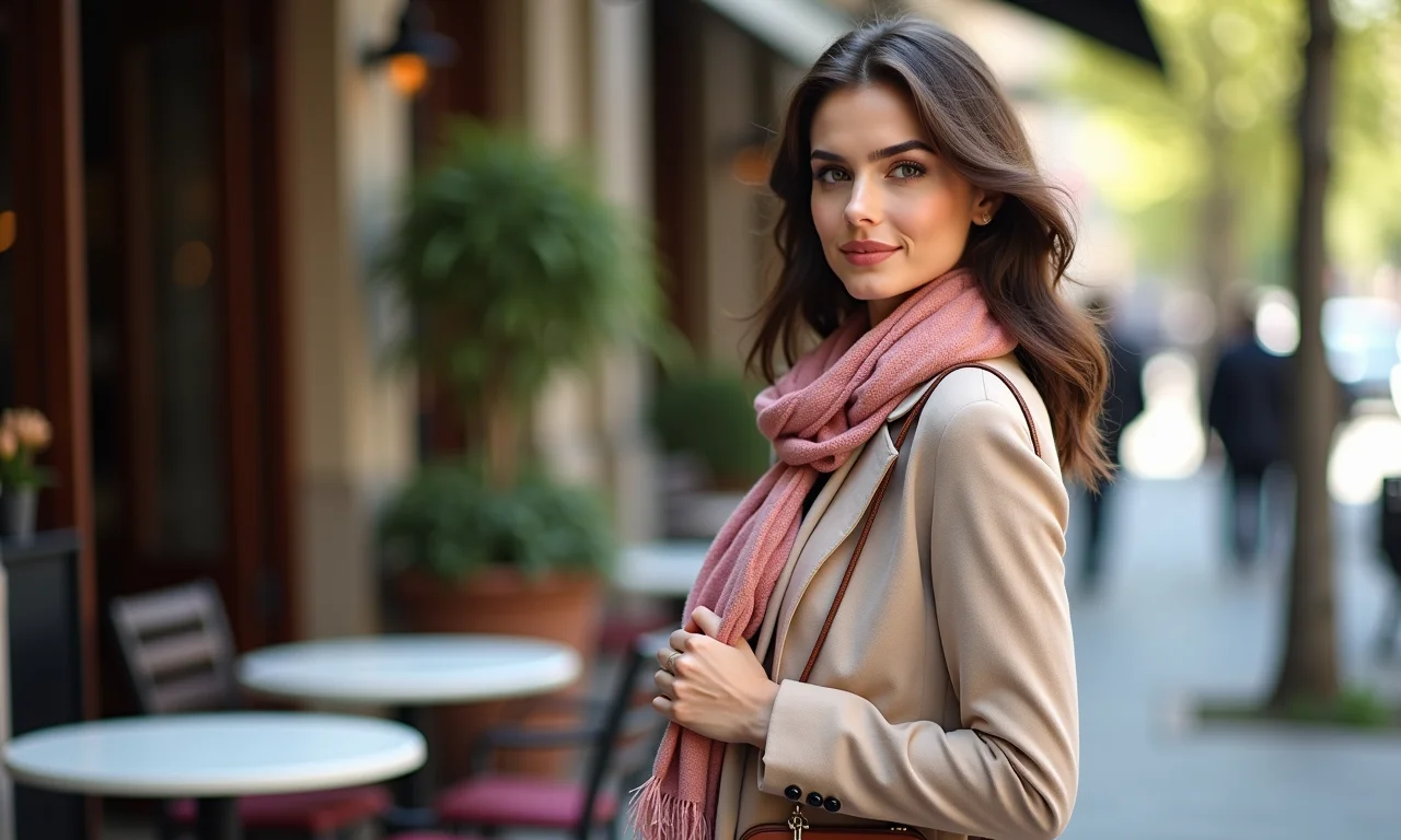 Mulher elegante com lenço amarrado na bolsa em café ao ar livre.