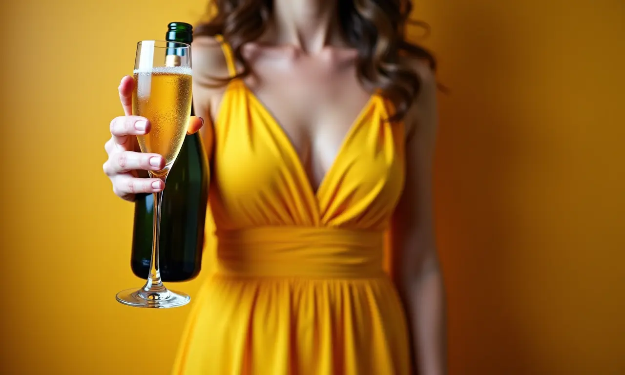 Mulher elegante de amarelo celebrando o Ano Novo com champanhe, simbolizando prosperidade.