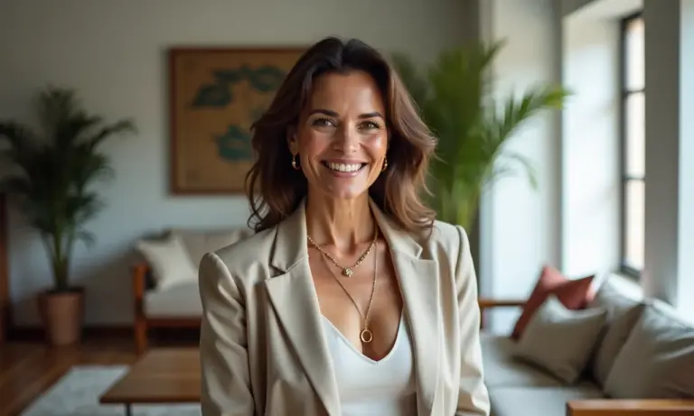 Mulher elegante vestindo peças atemporais em apartamento com design brasileiro.