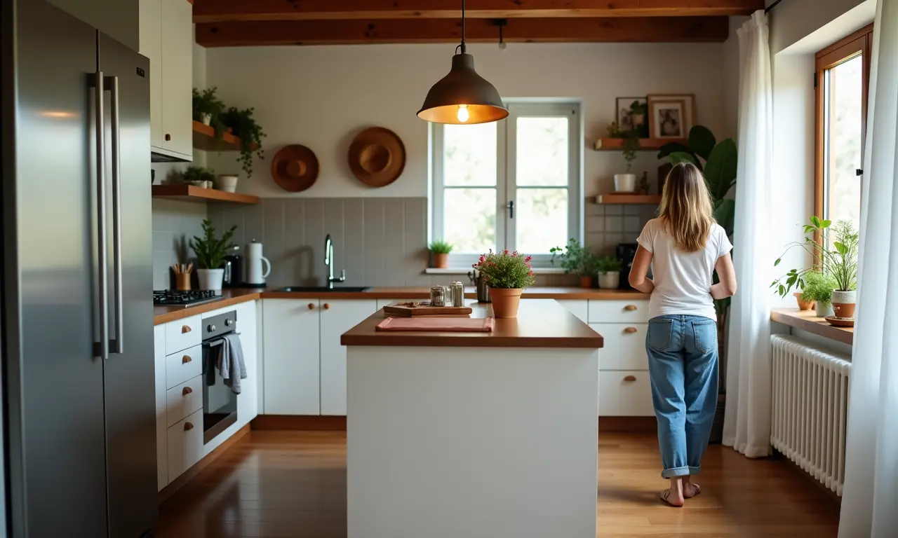 Mulher em cozinha pequena com ilha, design prático e iluminação natural.