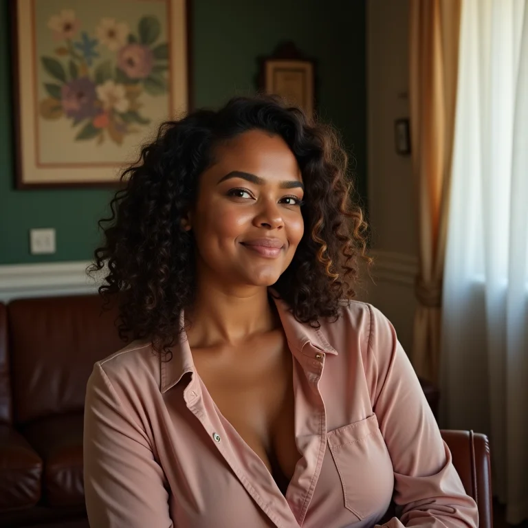 Mulher em sala com decoração moderna e vintage