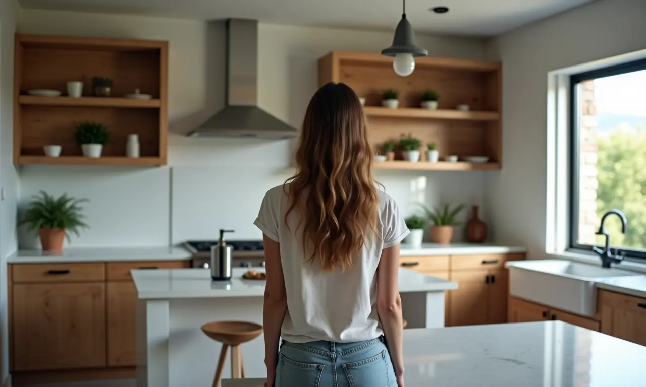 Mulher escolhendo o estilo de decoração ideal para a cozinha.