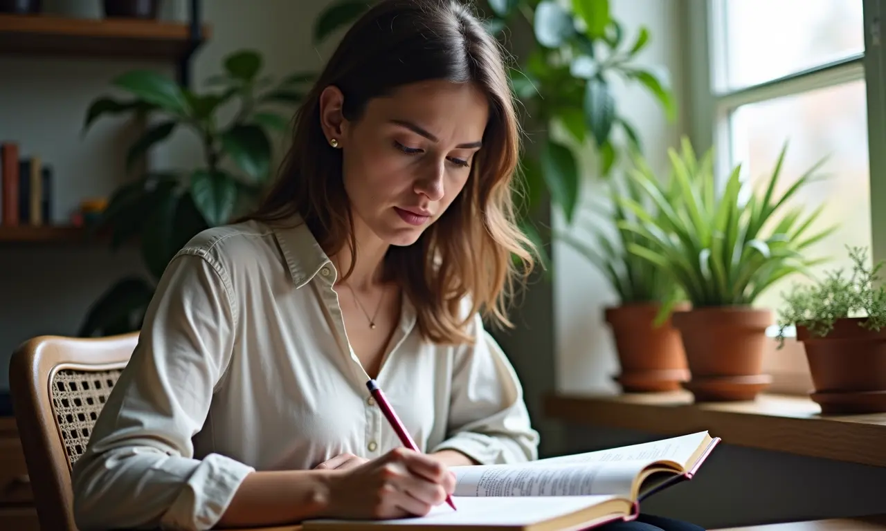 Mulher escrevendo em diário em espaço aconchegante, priorizando a saúde mental.