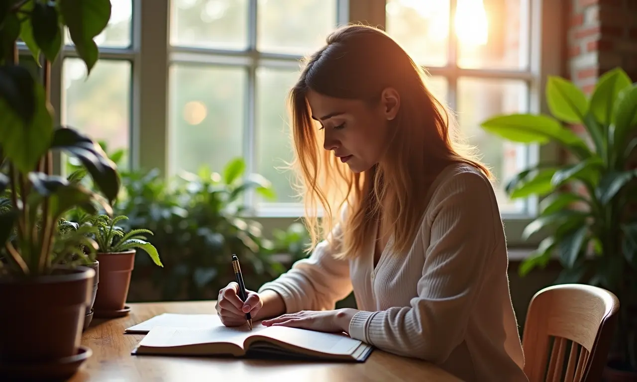 Mulher escrevendo em um diário, em busca de autoconhecimento e paz interior.