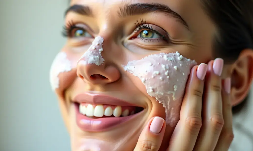 Mulher esfoliando o rosto com um produto cremoso, pele radiante.