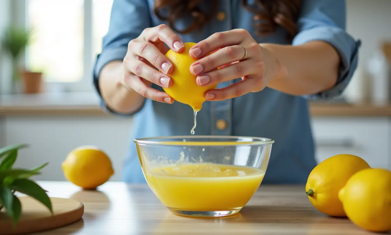 Mulher espremendo limão em tigela com produtos de limpeza na cozinha.