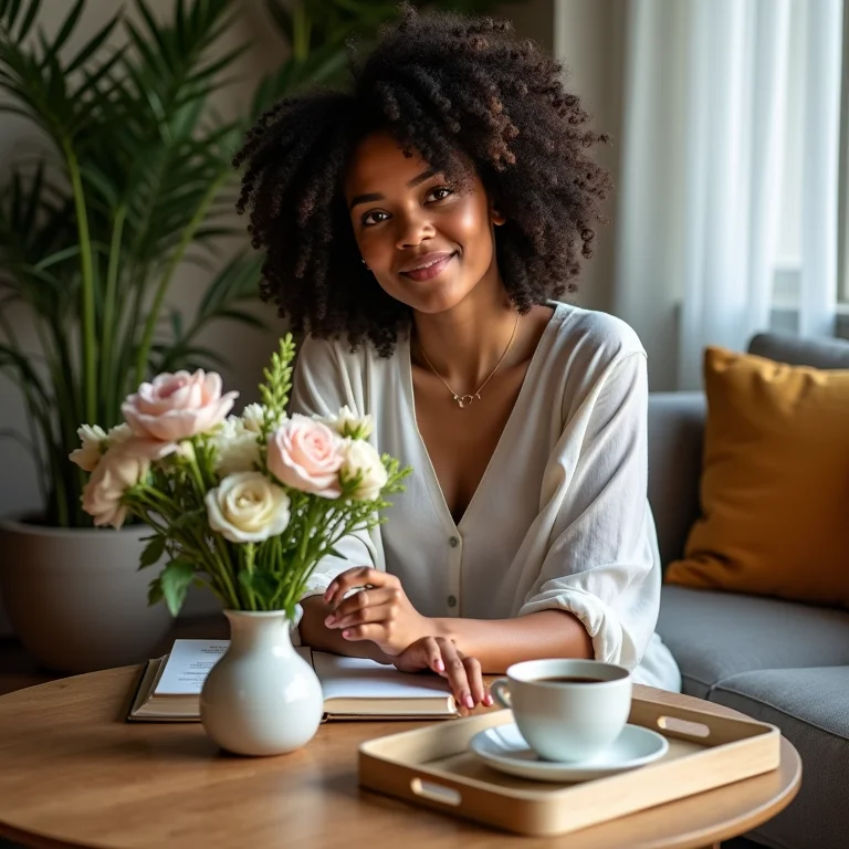 Mulher estilizando mesa de centro redonda