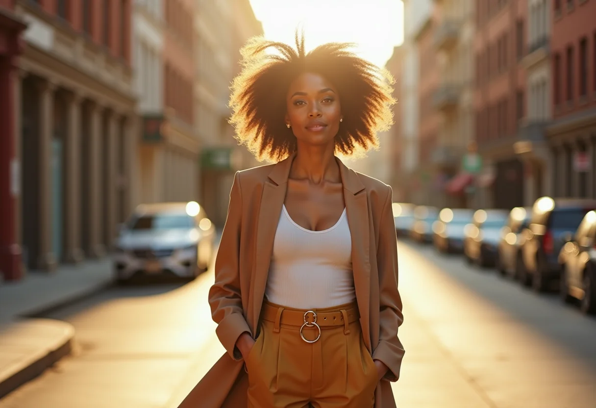 Mulher estilosa caminhando na rua, usando truques de moda para valorizar a silhueta