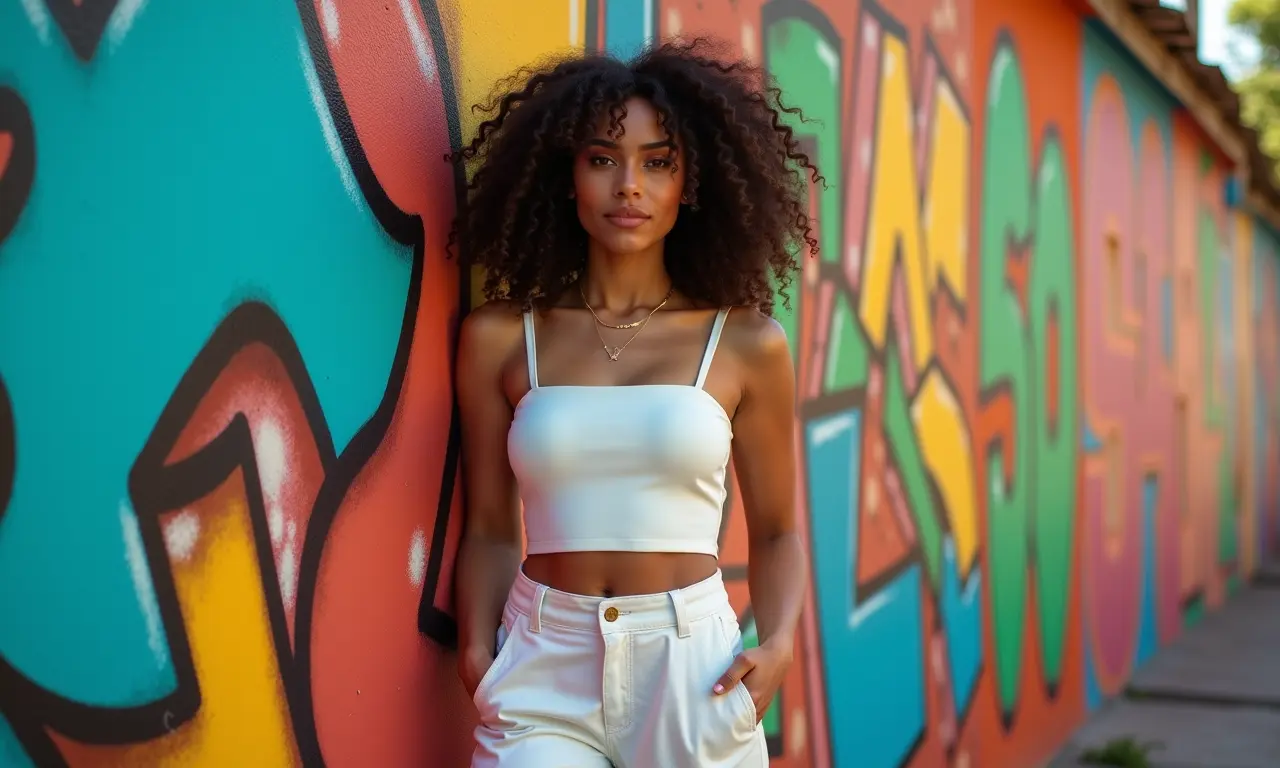 Mulher estilosa com calça de cintura alta e top faixa posando em frente a um grafite colorido no Rio.