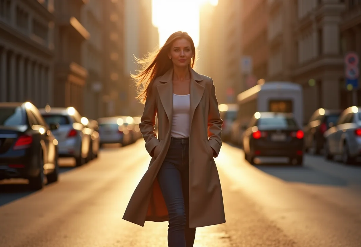 Mulher estilosa com trench coat em rua ensolarada