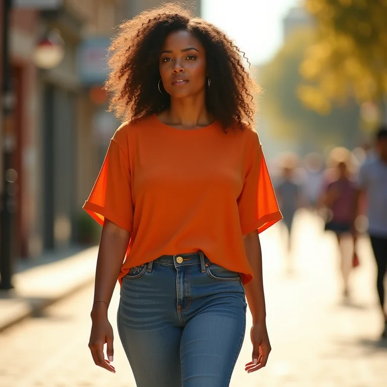 Mulher estilosa combinando laranja e azul em um look urbano