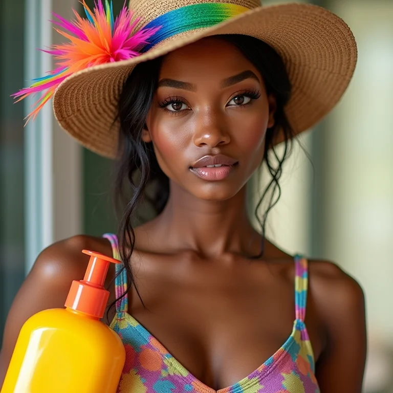 Mulher estilosa preparando mala para o Carnaval com acessórios coloridos.