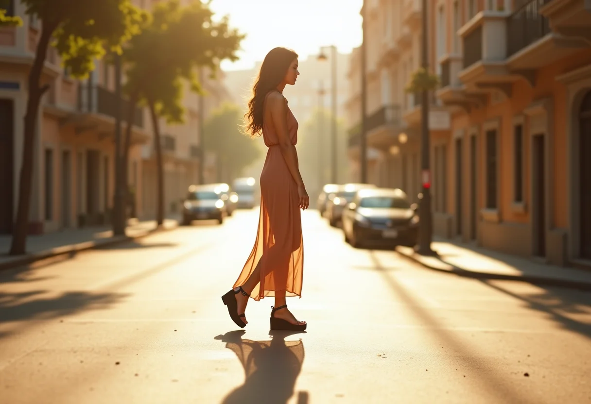 Mulher estilosa usando tamancos plataforma em cenário urbano.