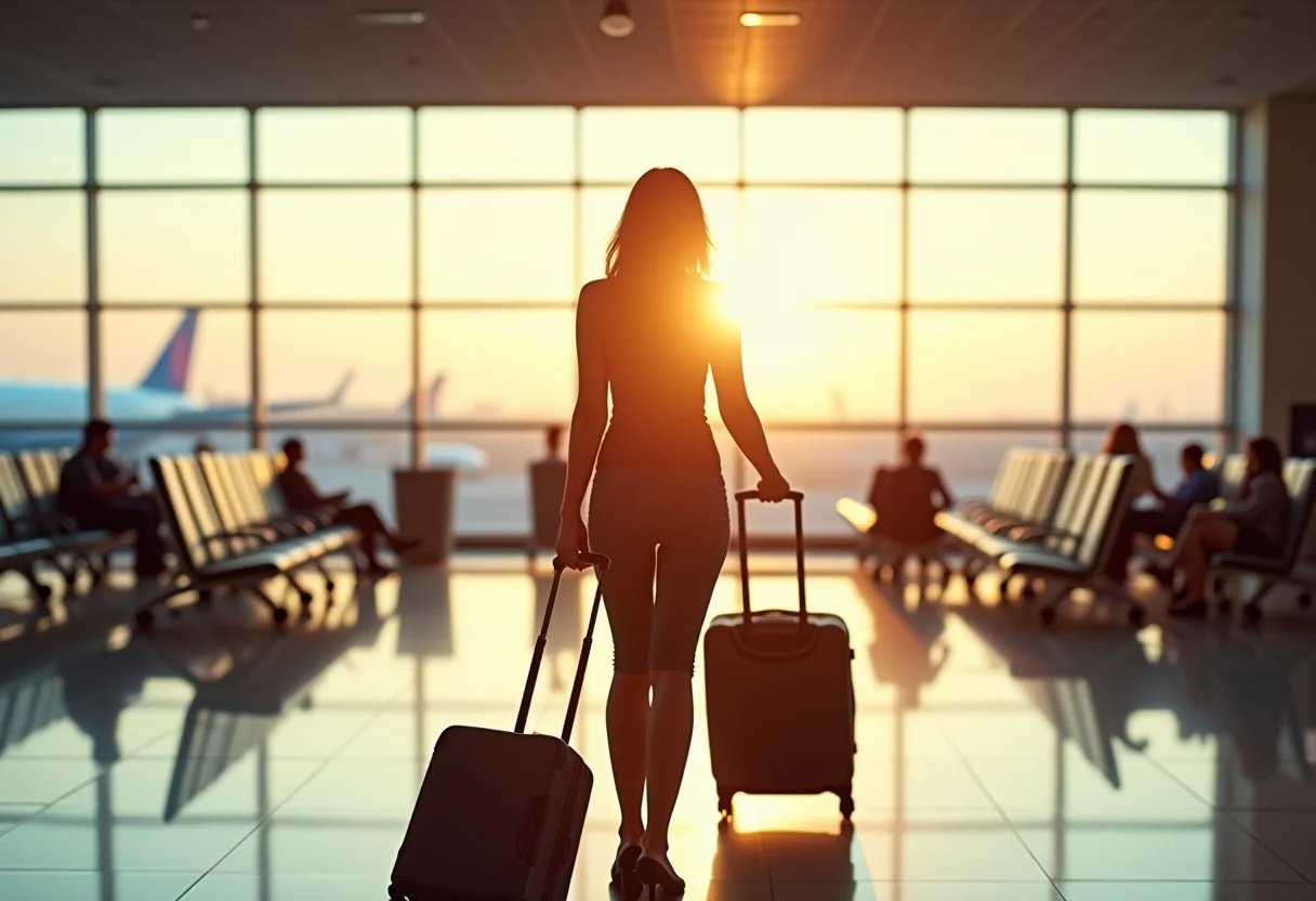 Mulher estilosa viajando de avião com look confortável.