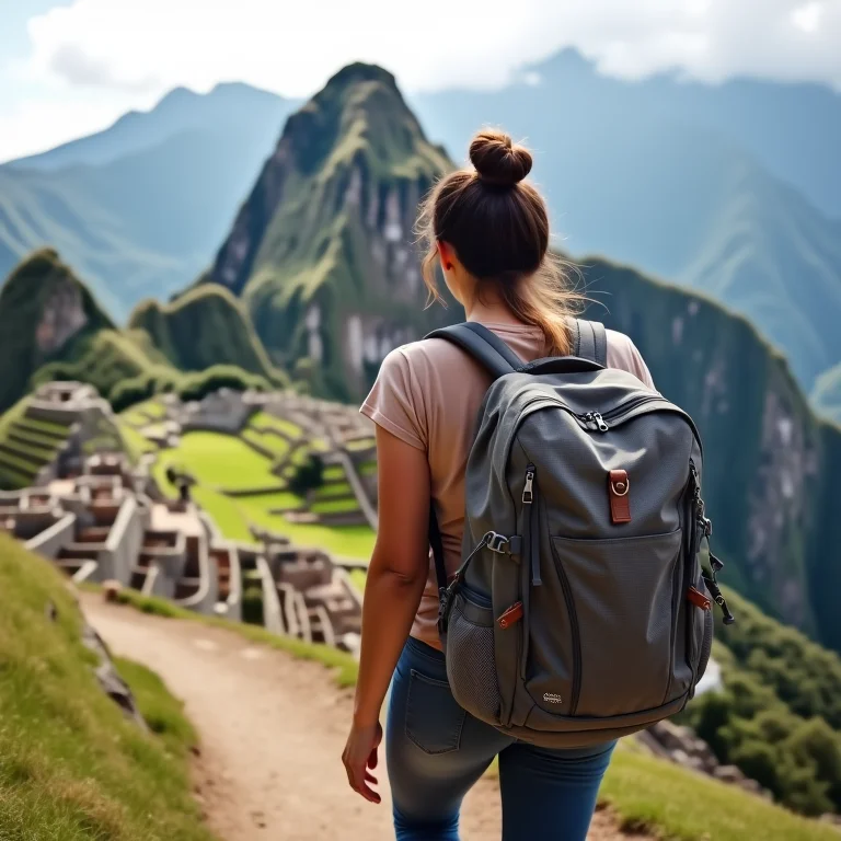 Mulher fazendo trilha na Trilha Inca rumo a Machu Picchu