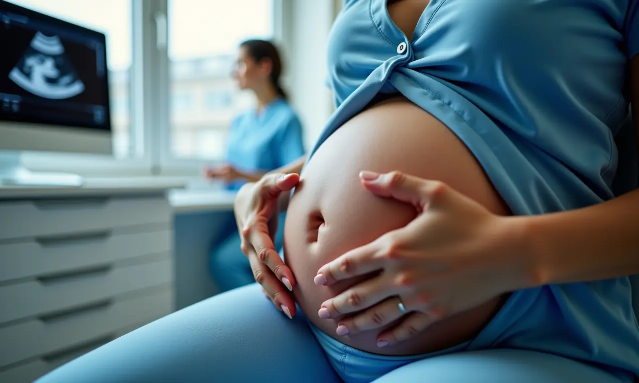 Mulher fazendo ultrassom cavitacional no abdômen para quebrar células de gordura.