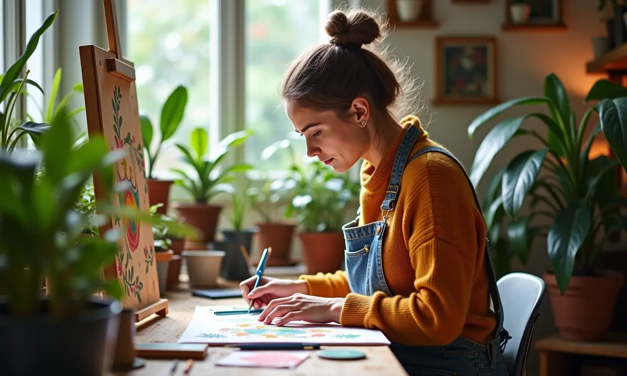 Mulher focada em projeto de arte em estúdio vibrante, repleto de plantas.