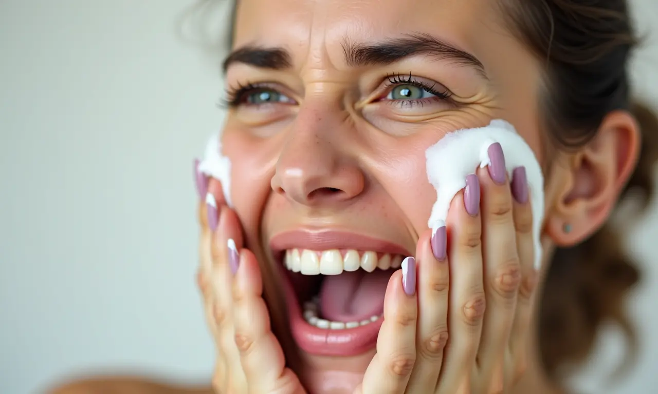 Mulher franzindo o nariz ao cheirar hidratante perfumado.