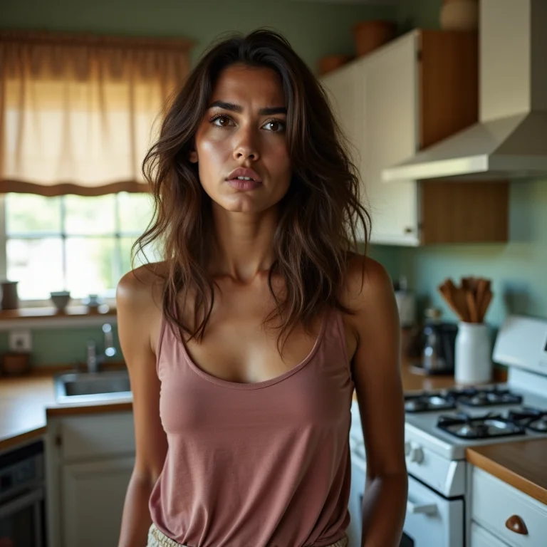 Mulher frustrada em cozinha mal planejada