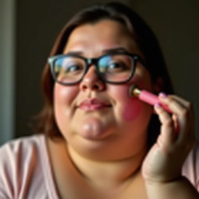 Mulher gorda aplicando blush no rosto