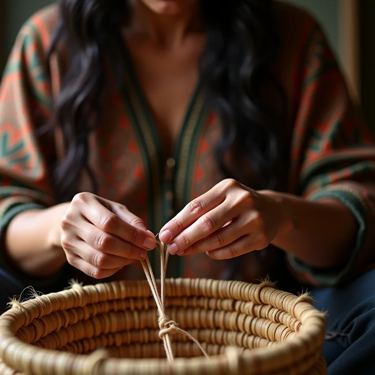 Mulher indígena tecendo uma cesta tradicional