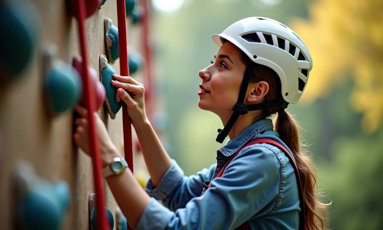 Mulher inspecionando a segurança da parede de escalada infantil.