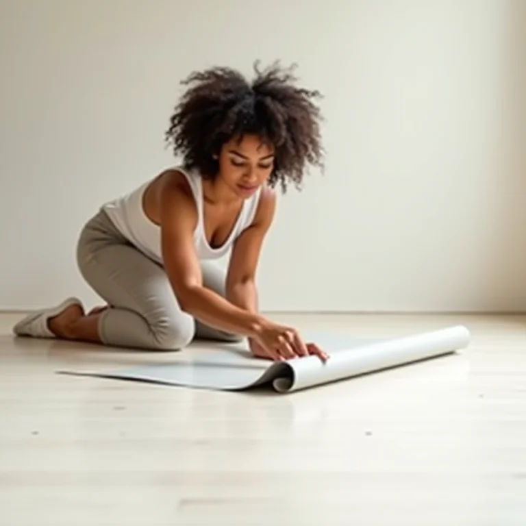 Mulher instalando piso vinílico autoadesivo