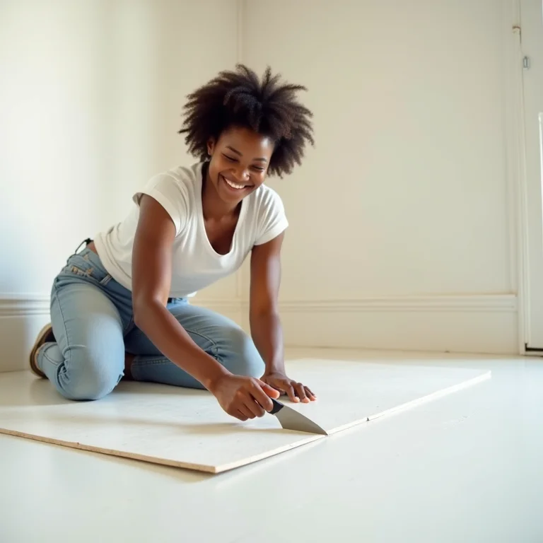 Mulher instalando piso vinílico autocolante