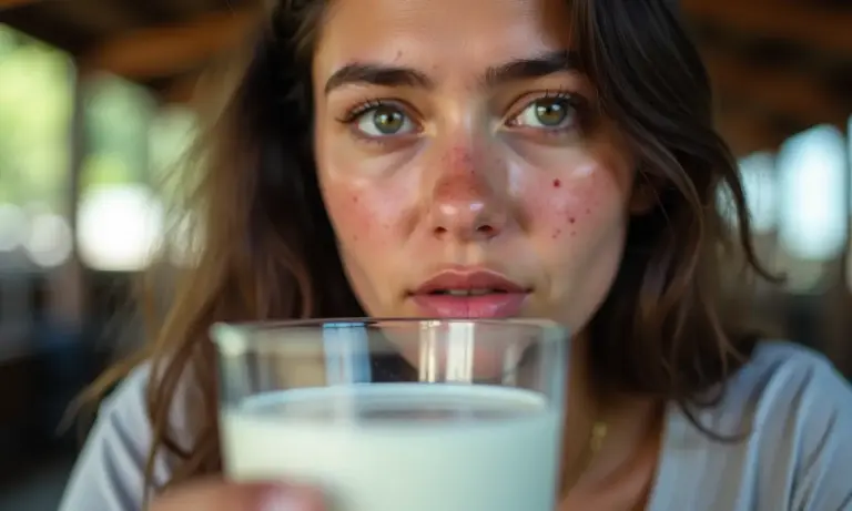 Mulher jovem com acne olhando para um copo de leite com expressão de dúvida.