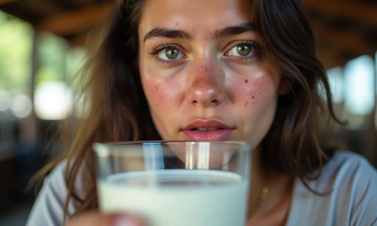Mulher jovem com acne olhando para um copo de leite com expressão de dúvida.